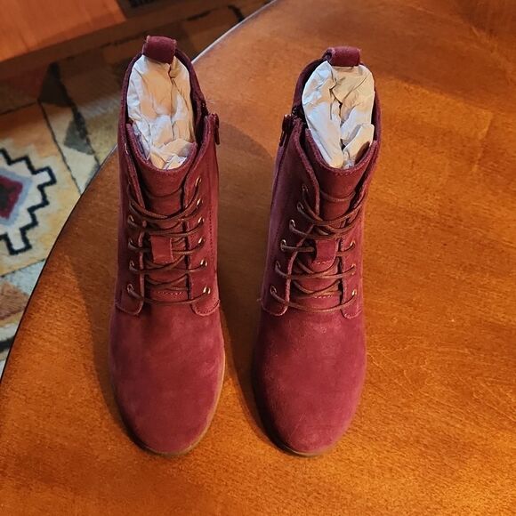 Diba Blake Leather Suede Ankle Lace Up & Zip Up Wedge Heeled Boots, Burgundy - Picture 5 of 10